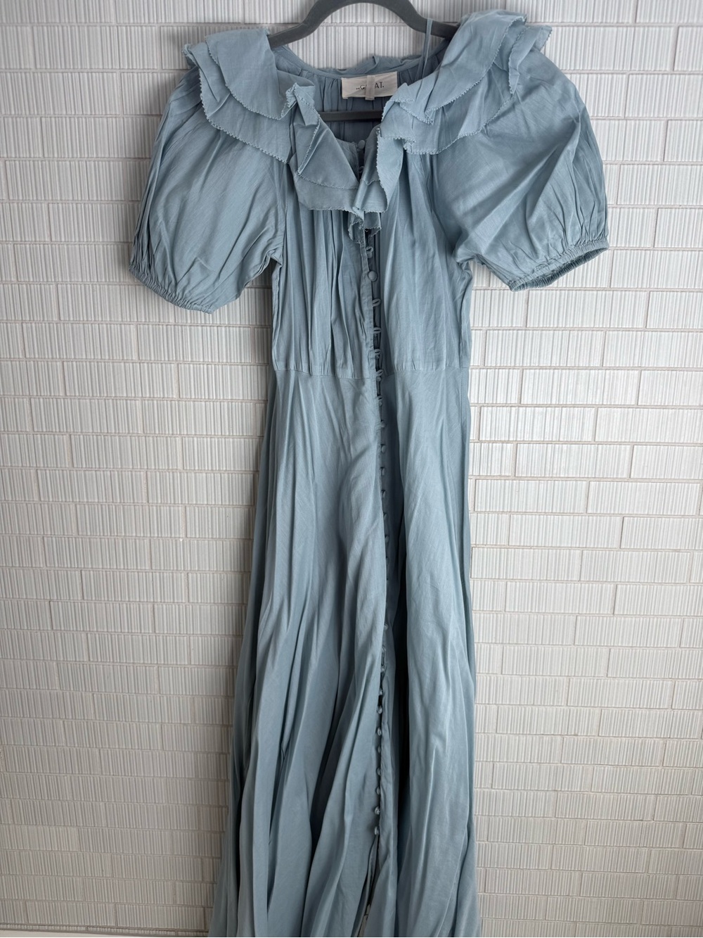 THE GREAT. Dusty Blue Puff-Sleeve Button-Front Maxi Dress